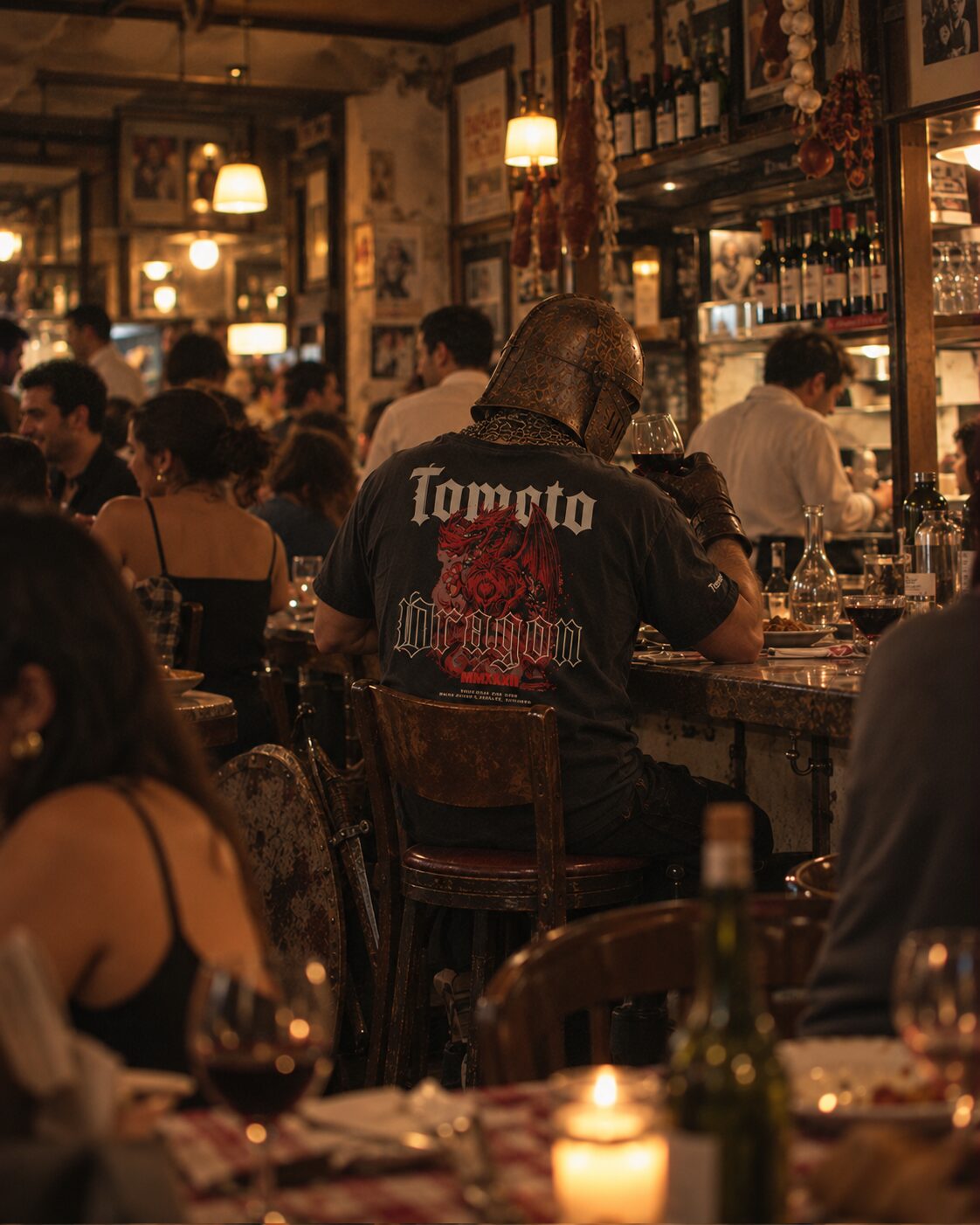 Tomato Dragon tee worn by a knight in a restaurant